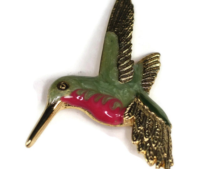 Enameled Hummingbird Pin Green Red Brooch Vintage