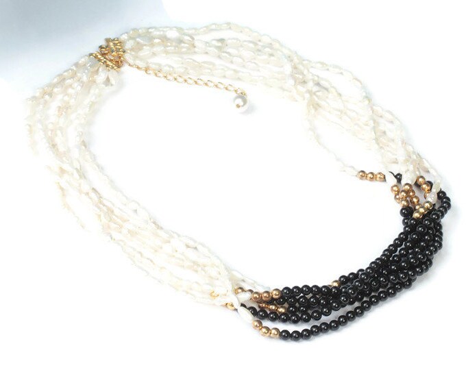 Freshwater Rice Pearl Black Bead Necklace Multi Strand Vintage