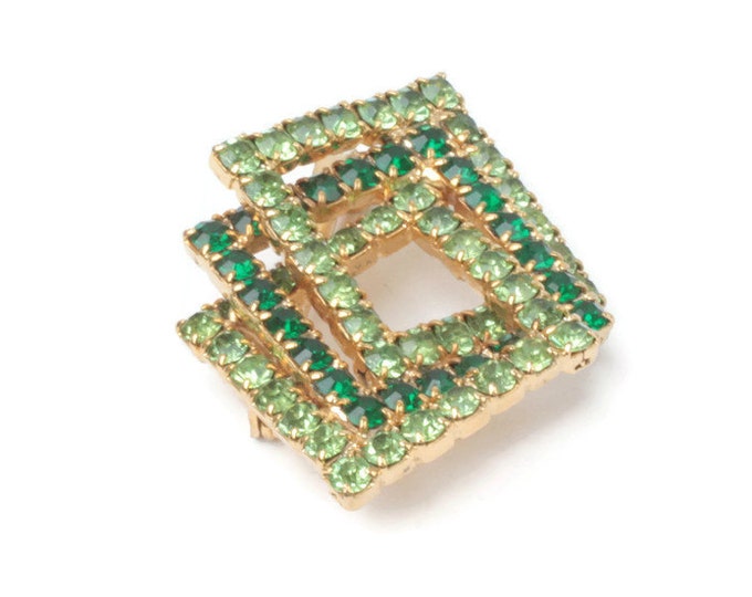 Two Tone Green Rhinestone Pin Brooch Dimensional Squares Vintage