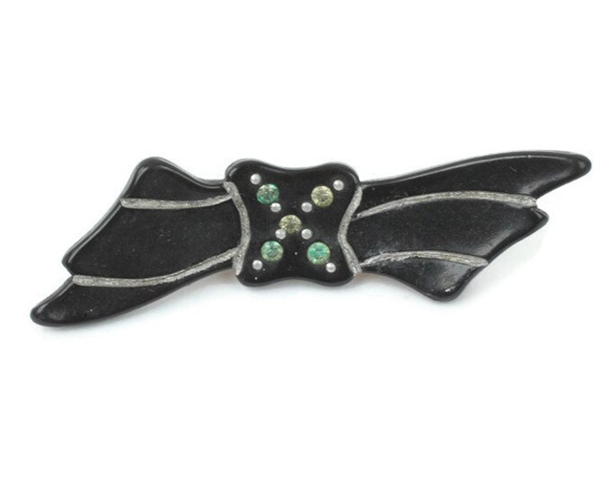 Black Celluloid Bow Pin Etched with Rhinestones Vintage 1930s
