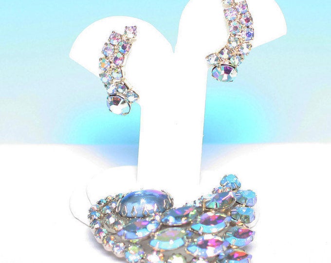 CIJ Sale Blue AB Rhinestone Brooch Earrings Set Signed Continental Vintage Wedding Bridal