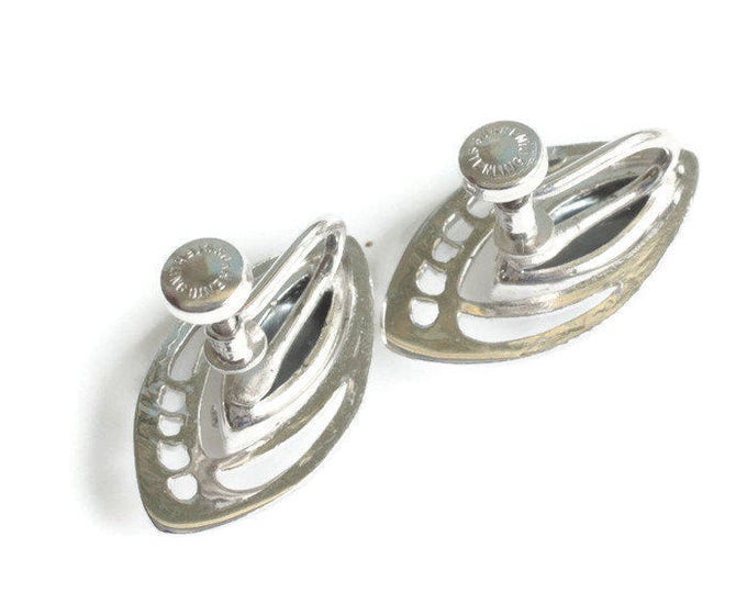 Sterling Silver Hematite Earrings Sorrento Marquise Stone Screw Back Vintage