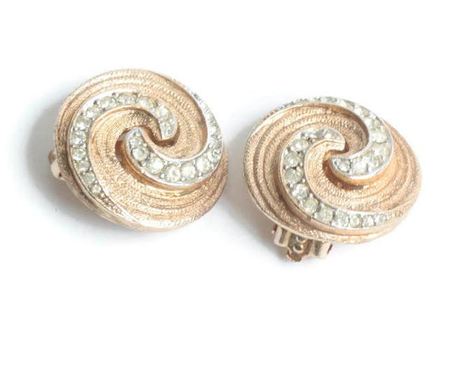 Clear Rhinestone Earrings Swirled Design Gold Tone Signed Kramer Clip On Vintage