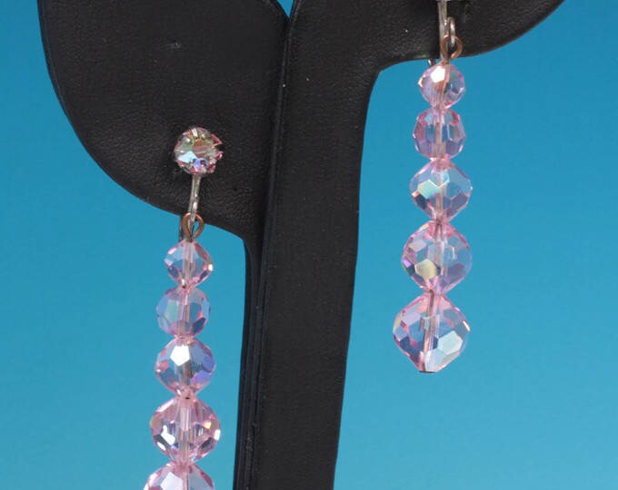 Pink AB Crystal Dangle Earrings Pageant Prom Clip On Vintage