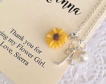 Sunflower flower girl necklace, initial, child necklace, personalized, comes with personalized card and ORGANZA bag.