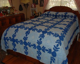 Vintage 1950s Full Chenille Double Bedspread -Dark and Light Blue checks & flowers 90'' x 104''
