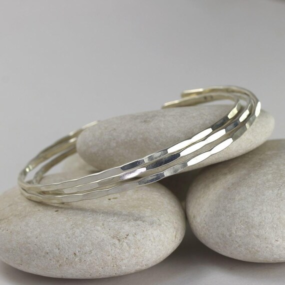 3 Thin Silver Cuffs Hammered sterling