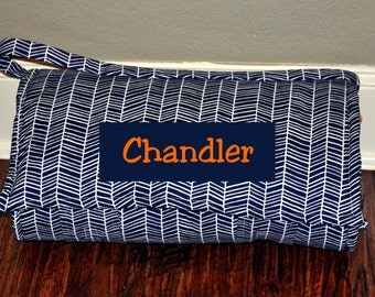Nap Mat - Monogrammed Modern Meadow Lake Navy Herringbone Nap Mat with an Orange Minky Dot Blanket