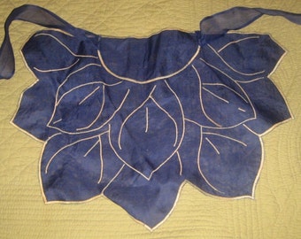 Lovely Navy Blue Vintage Organdy, Machine Embroidered Apron