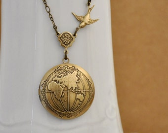 brass locket necklace, the world locket, peace locket, map locket, ONE WORLD, antiqued brass globe locket necklace
