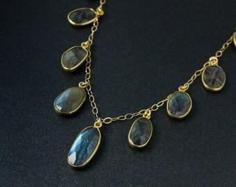 Gold Blue Labradorite Bib Necklace - Labradorite Oval Necklace - Statement Necklace
