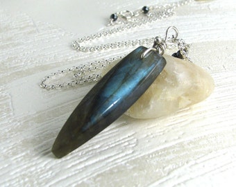Labradorite Necklace, Blue Green Labradorite Necklace, Sterling Silver, Long Necklace, Layering Necklace, Gemstone - Shades of Blue