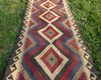 Extra Long Runner Maimana kilim/rug/carpet. Natural Wool. Handwoven. 12 ft 2" x 2 ft 8. 372 x 81 cm.