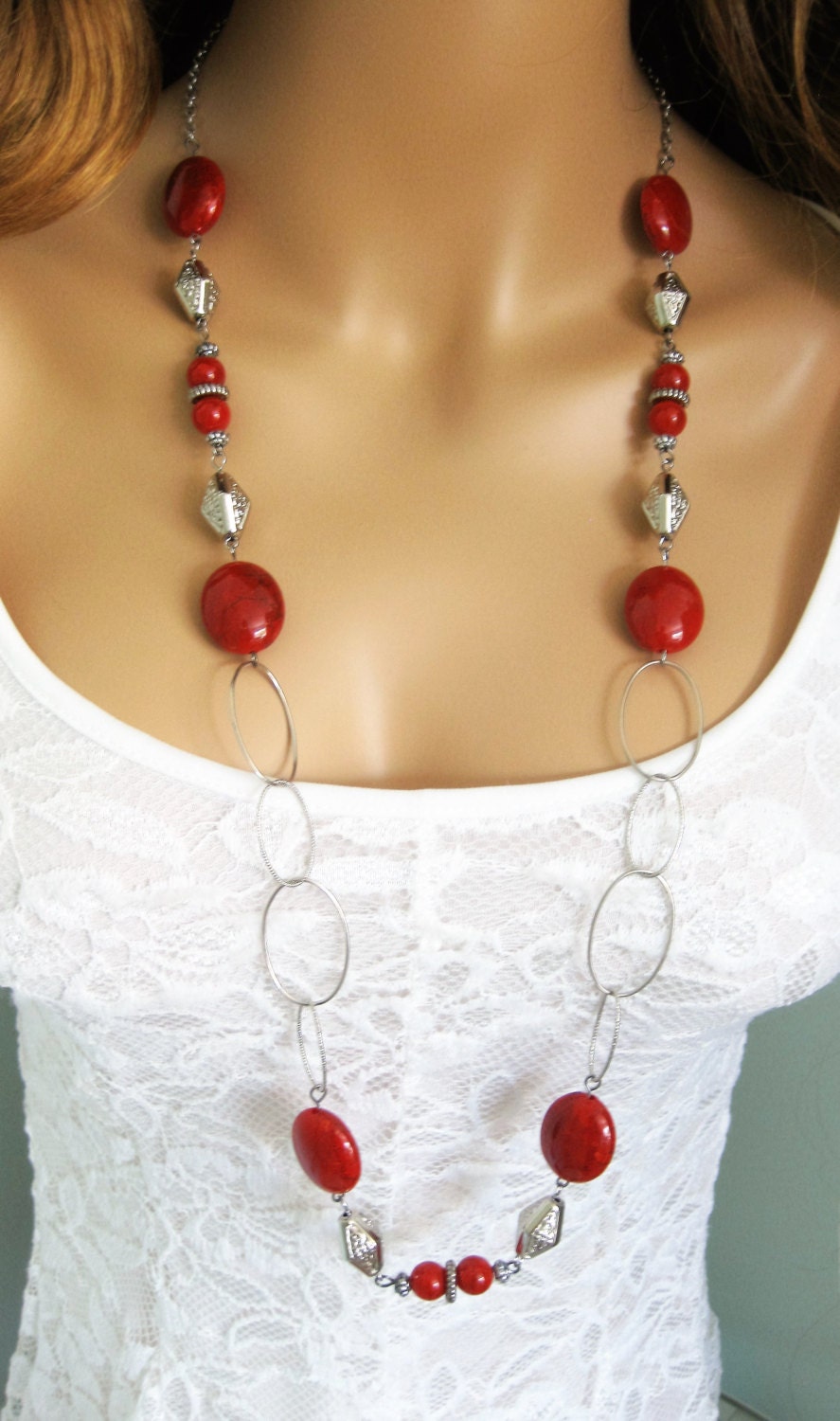 Long Red Beaded Necklaces Chunky Red Beaded Necklaces Long