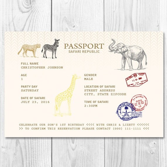 Safari Passport Printable Party Invitation 5x7 or 4x6