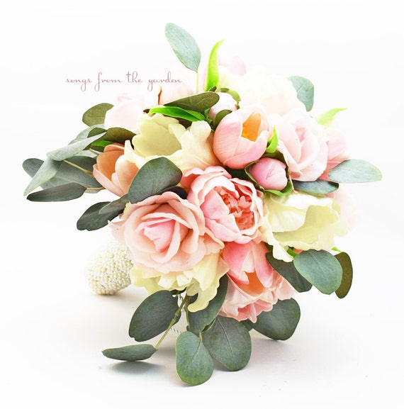 Blush Bridal Bouquet Eucalyptus Peonies Roses Tulips Pink