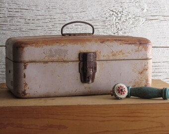 vintage tackle box, tool box, storage box, industrial metal chest, nautical fishing decor, industrial decor