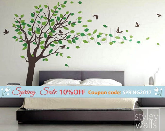 Tree decal Wall Sticker Tree with Birds and leaves blowing in the Wind - EXTRA LARGE Vinyl Wall Decal Sticker Nursery Kids Baby Children