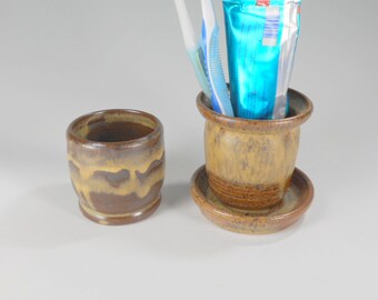 Pottery toothbrush holder with tumbler, ceramic bathroom set, stoneware tumbler, toothbrush cup with drainage holes, toothbrush holder