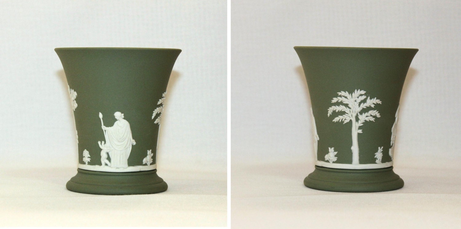 Wedgwood Sage Green Jasperware Vase Grecian Cherub