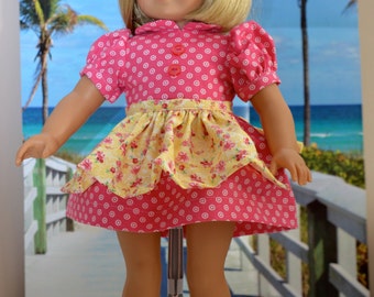 18 Inch Doll Clothes Two Piece Outfit Pink Cotton Print Short Sleeve Dress and Yellow and Pink Half Apron by SEWSWEETDAISY