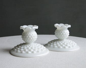 Pair of Vintage Fenton Hobnail Milk Glass Candlesticks, 1960s - Candle Holder White Table Decor