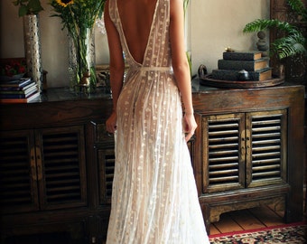 Embroidered Mesh Lace Nightgown Bridal Lingerie WeddingArt Deco Sleepwear Bridal Nightgown Ivory Lace Honeymoon Trousseau Lingerie