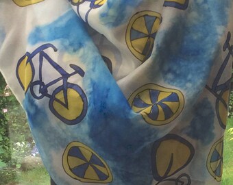 Blue and Yellow Bicycles hand painted silk scarf. Cycle scarf. Hand painted silk scarves