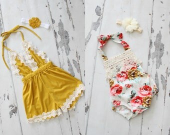 Boho Style Pom Pom Romper & Headband. Chenille Pink, Blue Lace, Floral. Newborn Baby Girl Coming Home Outfit, 1st Birthday Outfit Summer Set