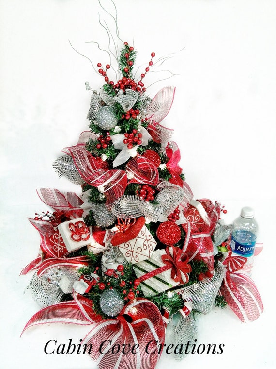 Items similar to Christmas Tree Centerpiece decorated Holiday Gloral Arrangement red white 