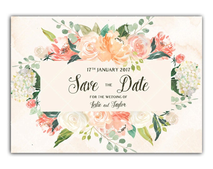 Printable Wedding Invitation Vintage Style in Peaches and Cream, Floral Rustic Watercolor Invitation, Wedding Invitation Suite