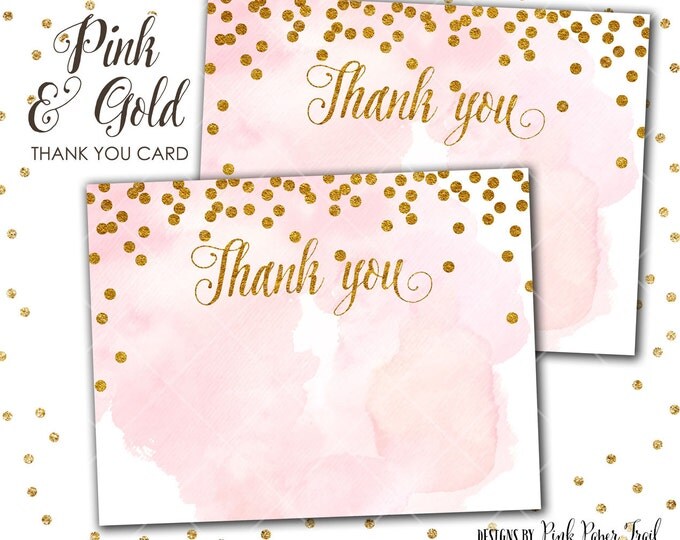 Pink and Gold Glitter Thank You Card, Blush Pink Watercolor Blank Thank You Card, Instant Download, Print Your Own