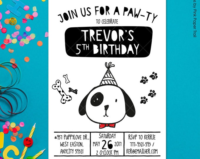 Puppy Dog Birthday Party Invitation, Cute Puppy Paw-Ty Adopt A Puppy Printable Invitation, Black and White Boy or Girl Birthday Invitation