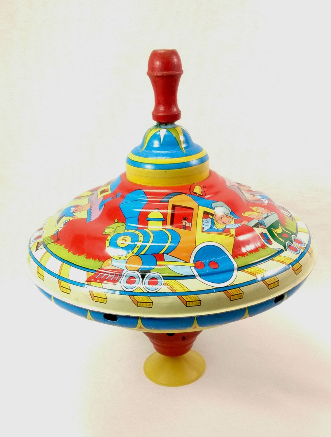 Vintage Ohio Art Tin Litho Spinning Top Toy Children On Train