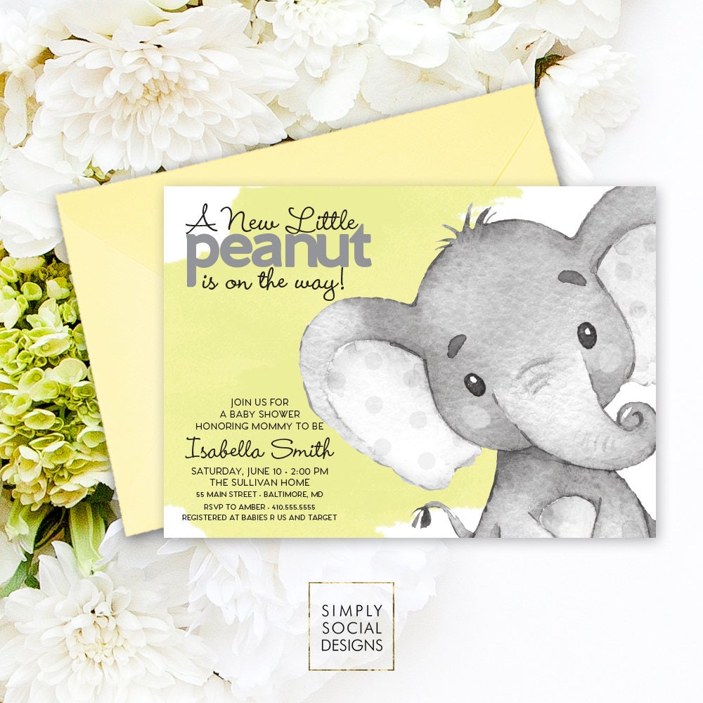 Elephant Baby Shower Invitation Gender Neutral Watercolor Elephant