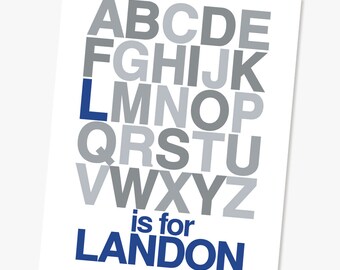 Alphabet Name Poster Kids Baby ABC Personalized Baby Boy Gift Print Alphabet Art Boy Print Customized with Name Grey Blue Wall Art