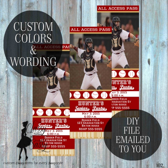 Baseball Graduation invitation - baseball senior party invite- baseball ticket invitation - boys invitation - Printable invitation-102