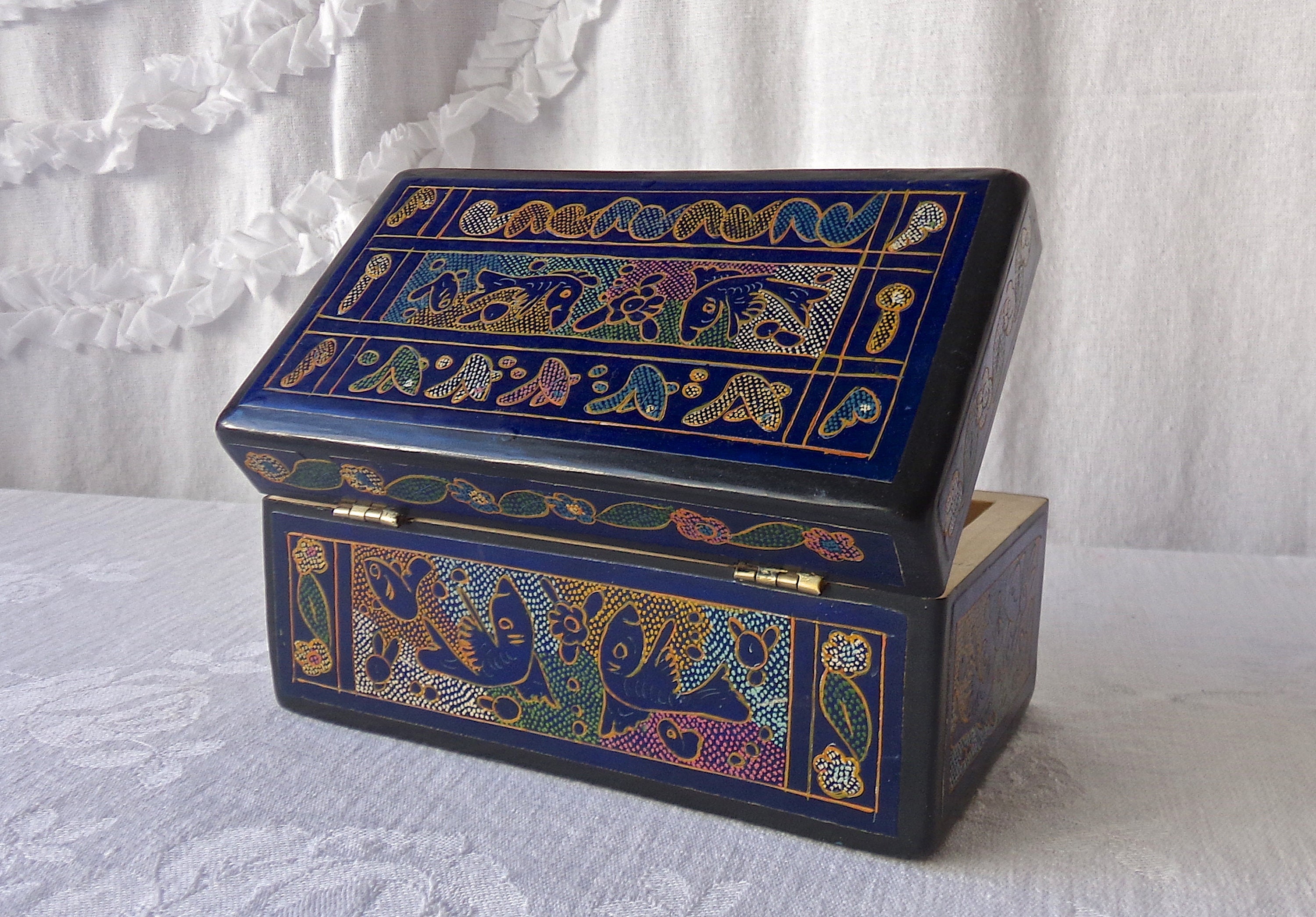 Vintage Lacquered Wood Dresser Box Cobalt Blue Lacquer Box