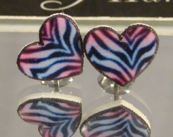 Purple Zebra Print Heart Stud Earrings - surgical steel Jewelry - Valentine's Jewellery
