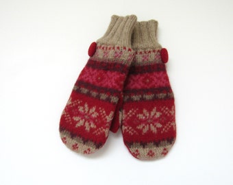 Felted Wool Mittens Fleece Lined Snowflake Fair Isle in Red Pink Plum and Khaki Wool Mittens