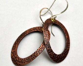 Copper Earrings Rolling Mill Texture Hoops Sterling Silver Ear Wires