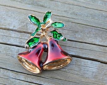 Vintage Christmas Bells and Holly Pin Or Brooch Costume Jewelry