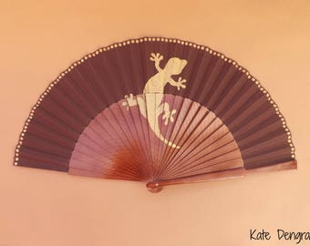 Gecko Lizard Brown Gold Hand Fan SIZE OPTIONS Folding Wooden Flamenco Handheld Spanish from Spain Hand Painted by Kate Dengra