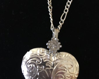 Heart Locket Necklace - Silver Embossed Heart Locket with Rhinestone Bail -Wedding Locket
