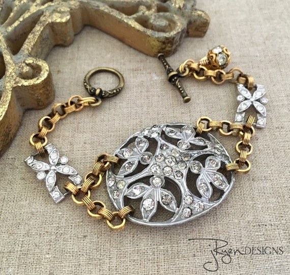 Mixed Metal Bracelet Repurposed Rhinestone by jryendesigns on Etsy