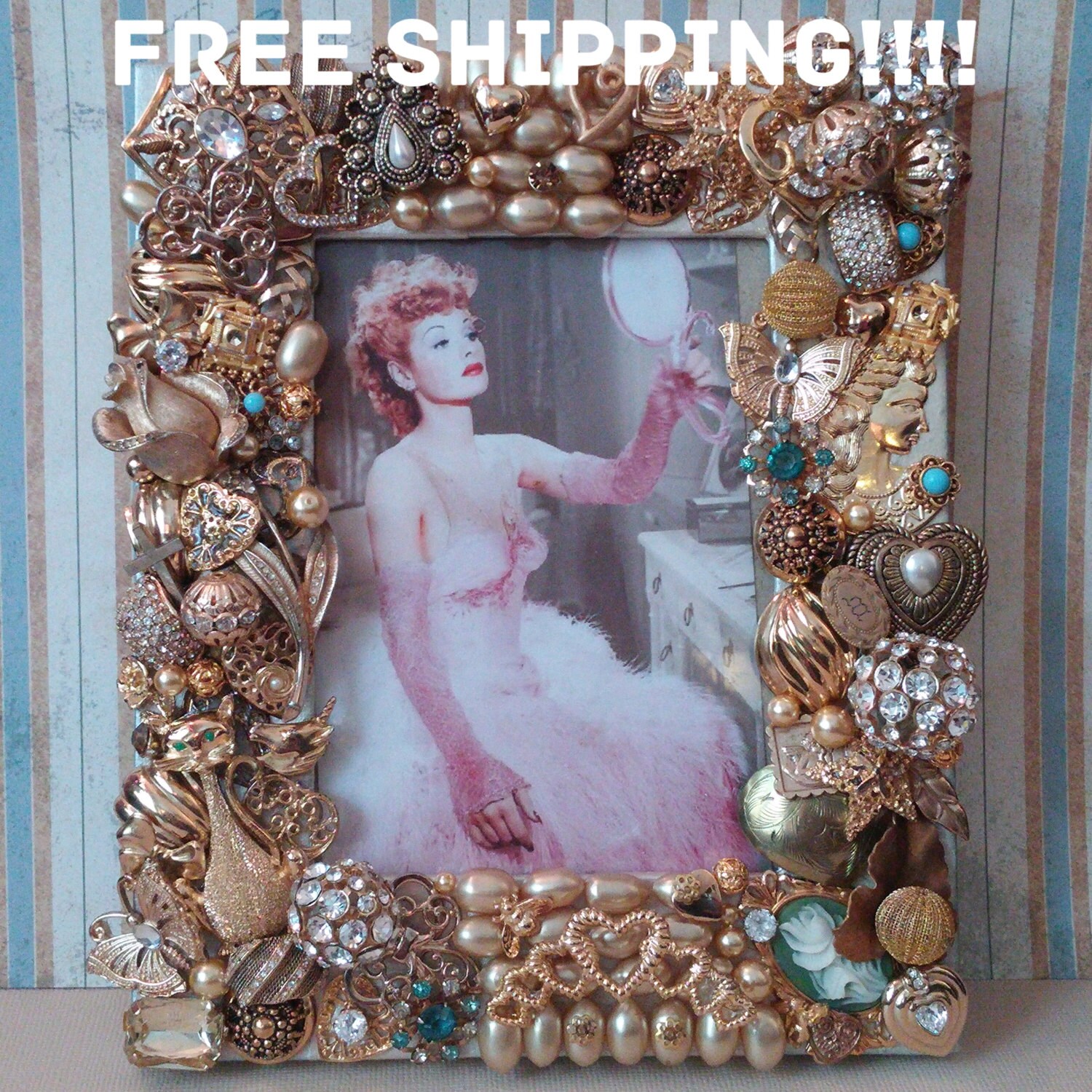Vintage Gold Pearl and Rhinestone Jewlery Frame Altered Art