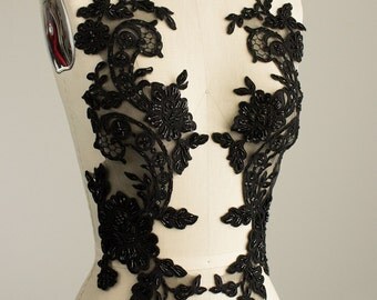New Item! EXTRA LARGE Stunning BLACK Sequin Beaded Organza Venise Floral Lace 2 Piece Applique / Wedding Dress / Also available in White