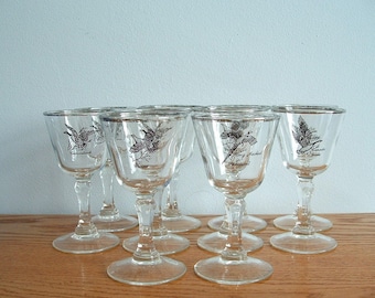 Vintage Silver Rim Game Bird Glasses Set of 10, Mid Century Cordial Aperitif Liqueur Sherry, Ducks, Pheasant, Geese, Grouse Barware
