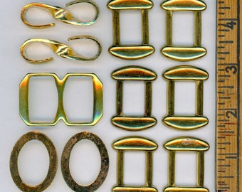 Interesting Mixed Lot of 11 Vintage gold Metal Belt Buckles or Scarf Slides ~ Various Styles and Sizes ~ Destash
