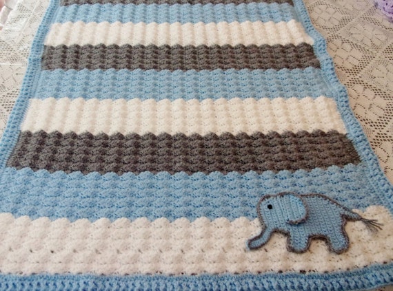 Crochet Baby Blanket With Elephant Theme Blue White and Gray